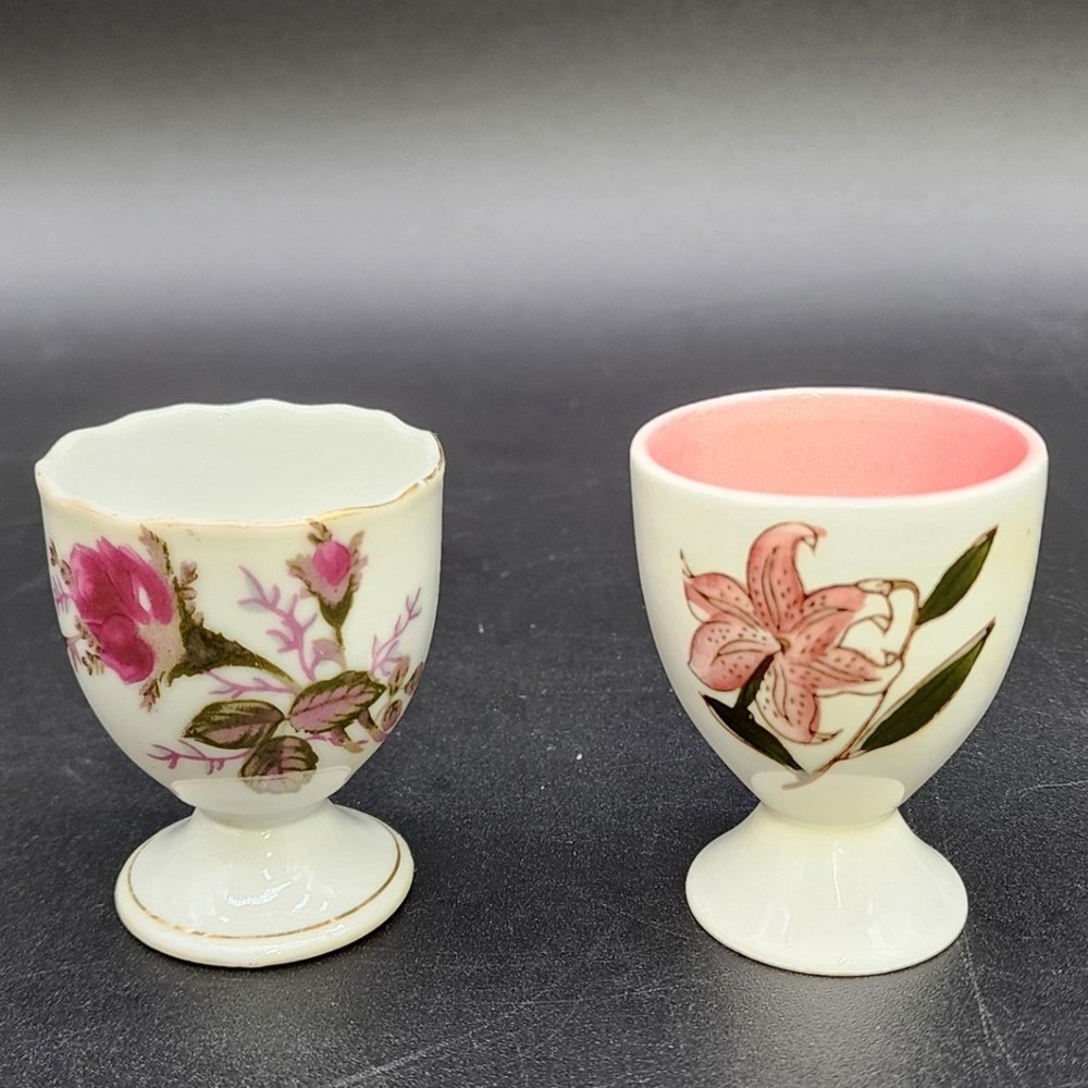 Unbranded White Pink Floral Egg Cups Japan Vintage Cottagecore Shabby Chic Set